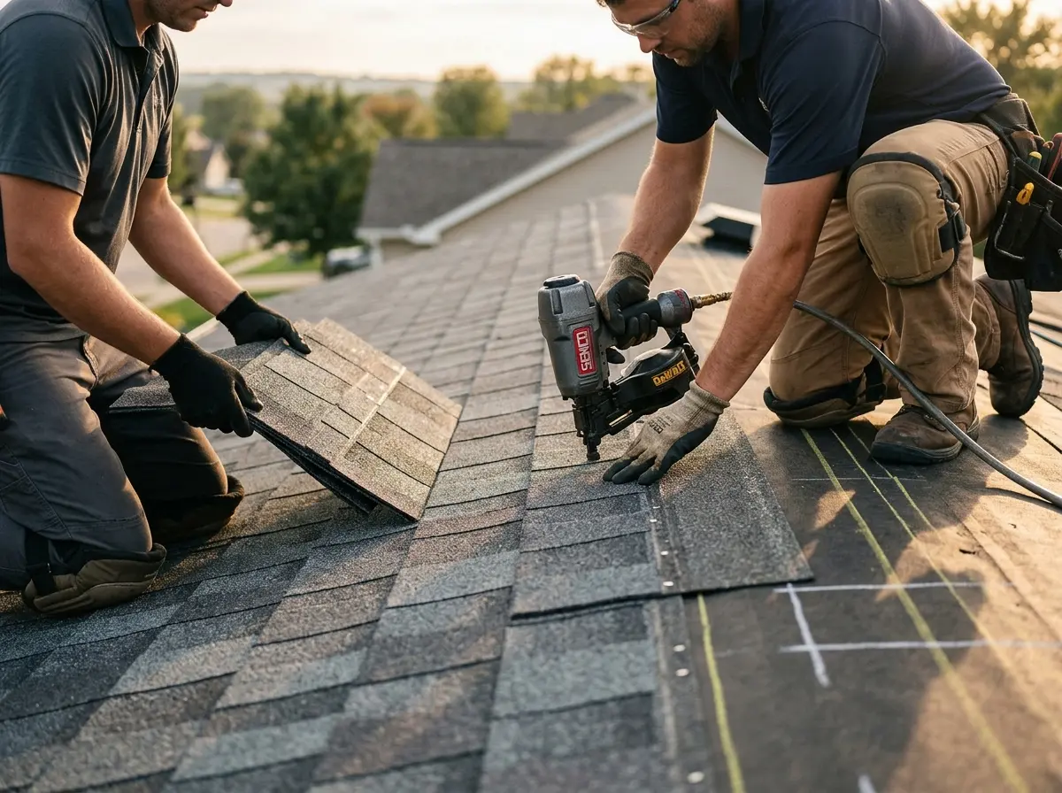 Professional roofer working on a residential roof in Cascades